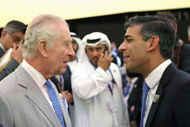 <p>King Charles III speaks with Rishi Sunak at the opening ceremony of the World Climate Action Summit at Cop28 in Dubai</p>