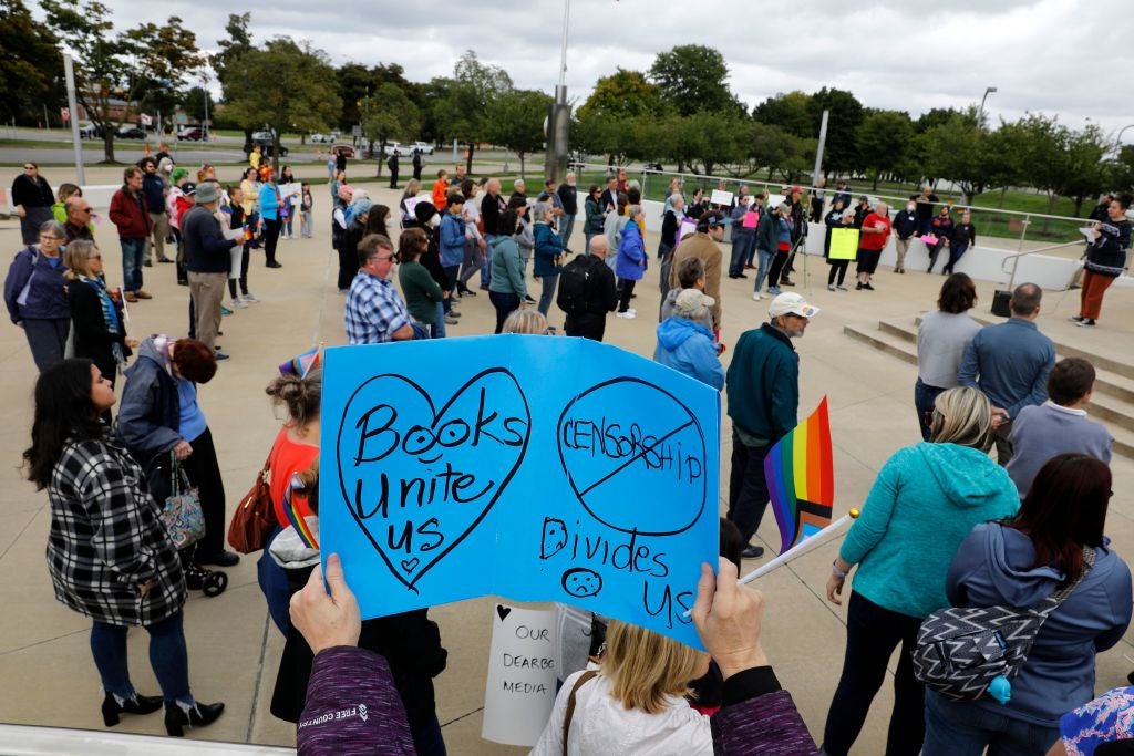 Counter-protest: Demonstrators gather to protest against banning books outside a library in Michigan in 2022