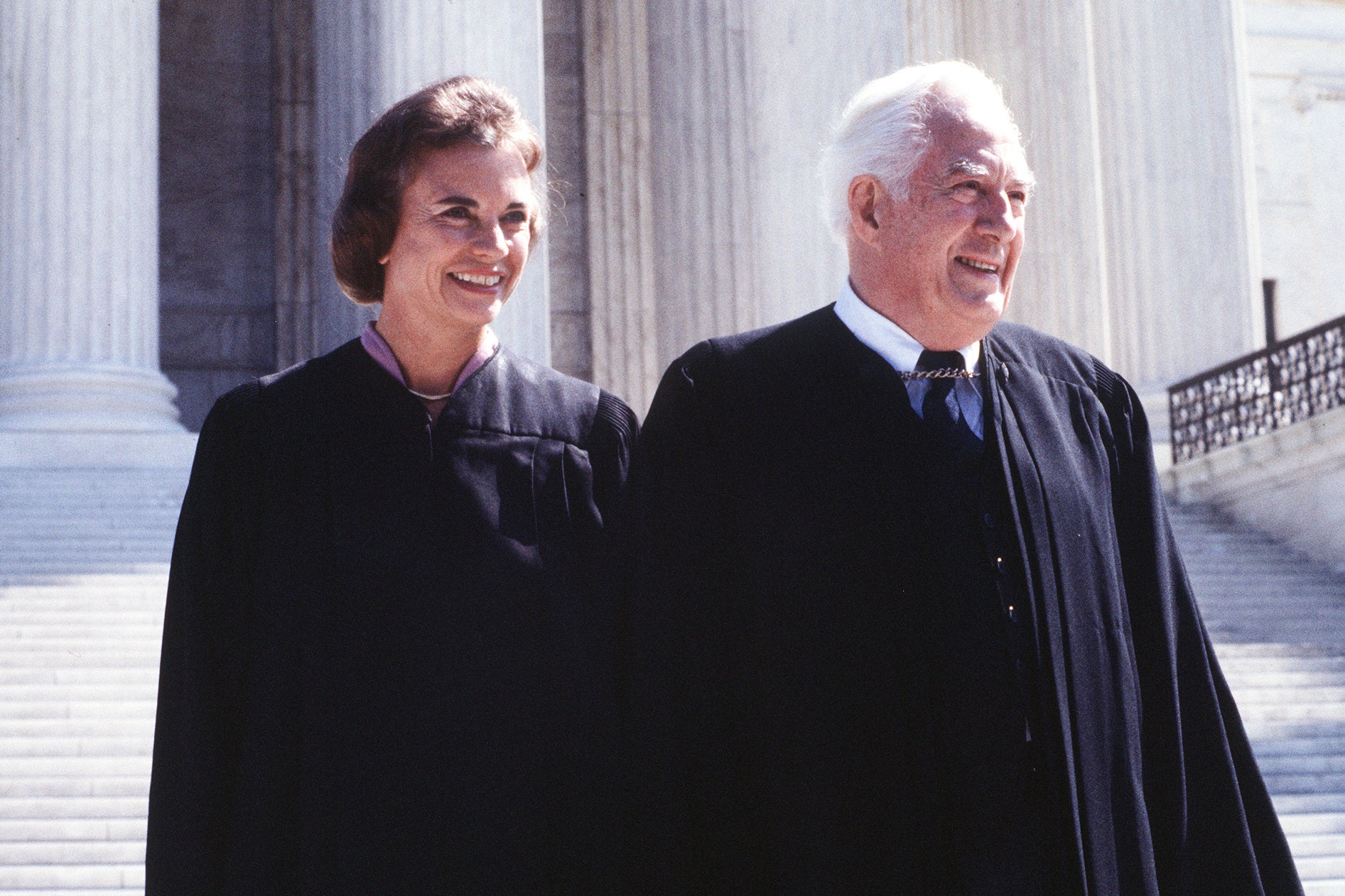 Supreme Court Associate Justice Sandra Day O'Connor with Chief Justice Warren Burger after her swearing in at the Supreme Court in Washington in September 1981