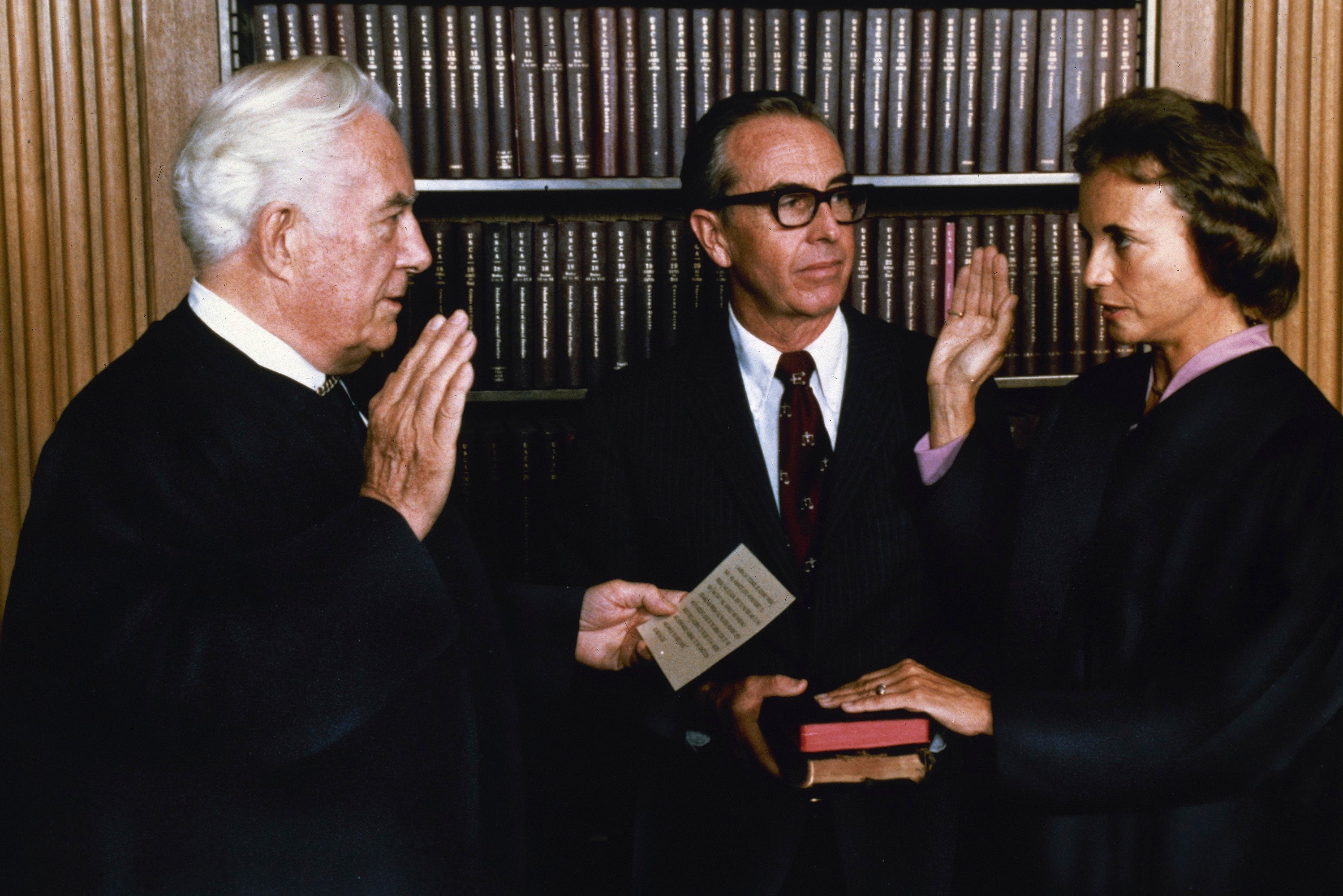O'Connor is sworn in by Chief Justice Warren Burger in the court's conference room on 25 September 1981