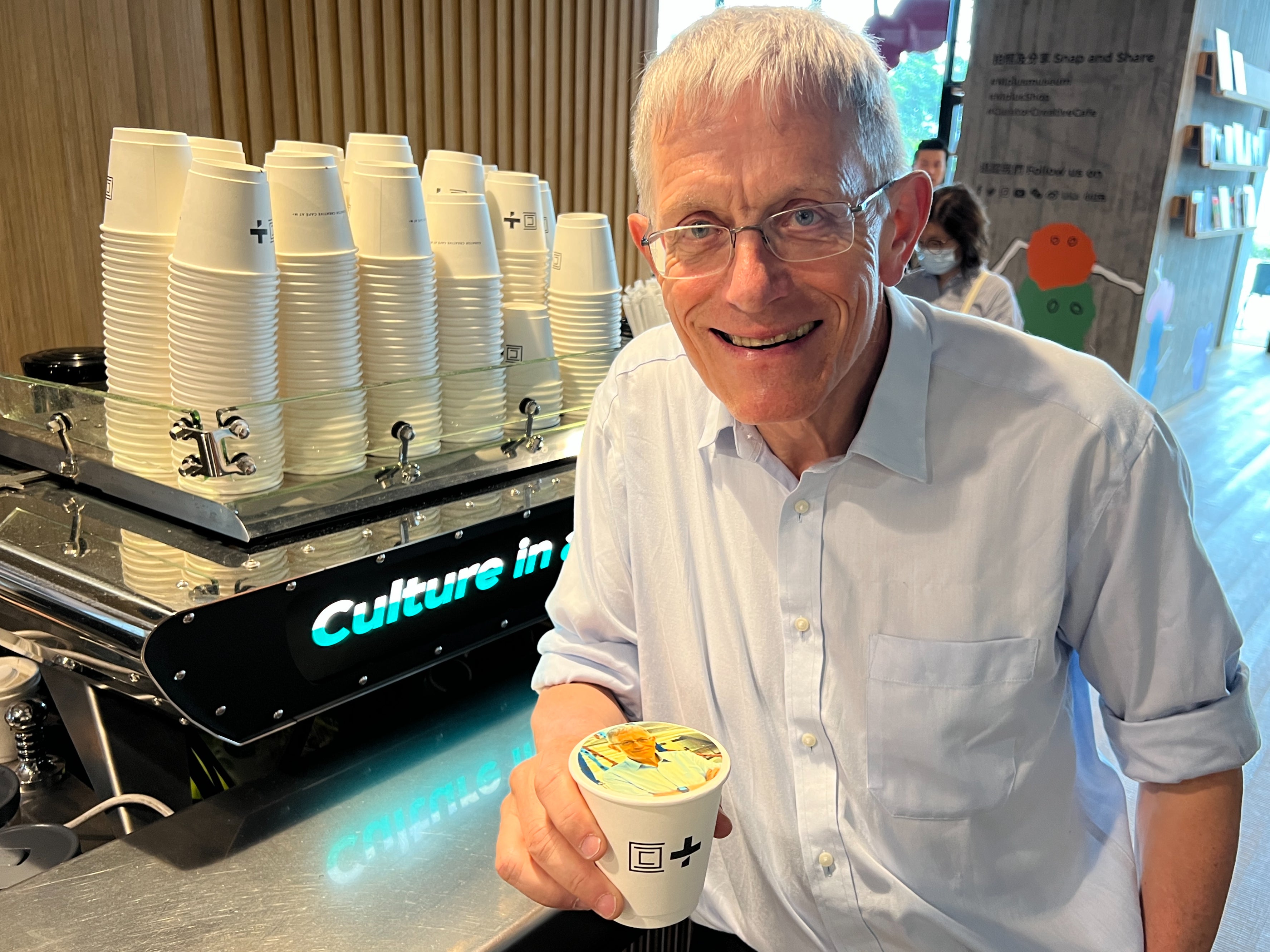 Lookalike: Simon Calder with a personalised latte at the M+ café