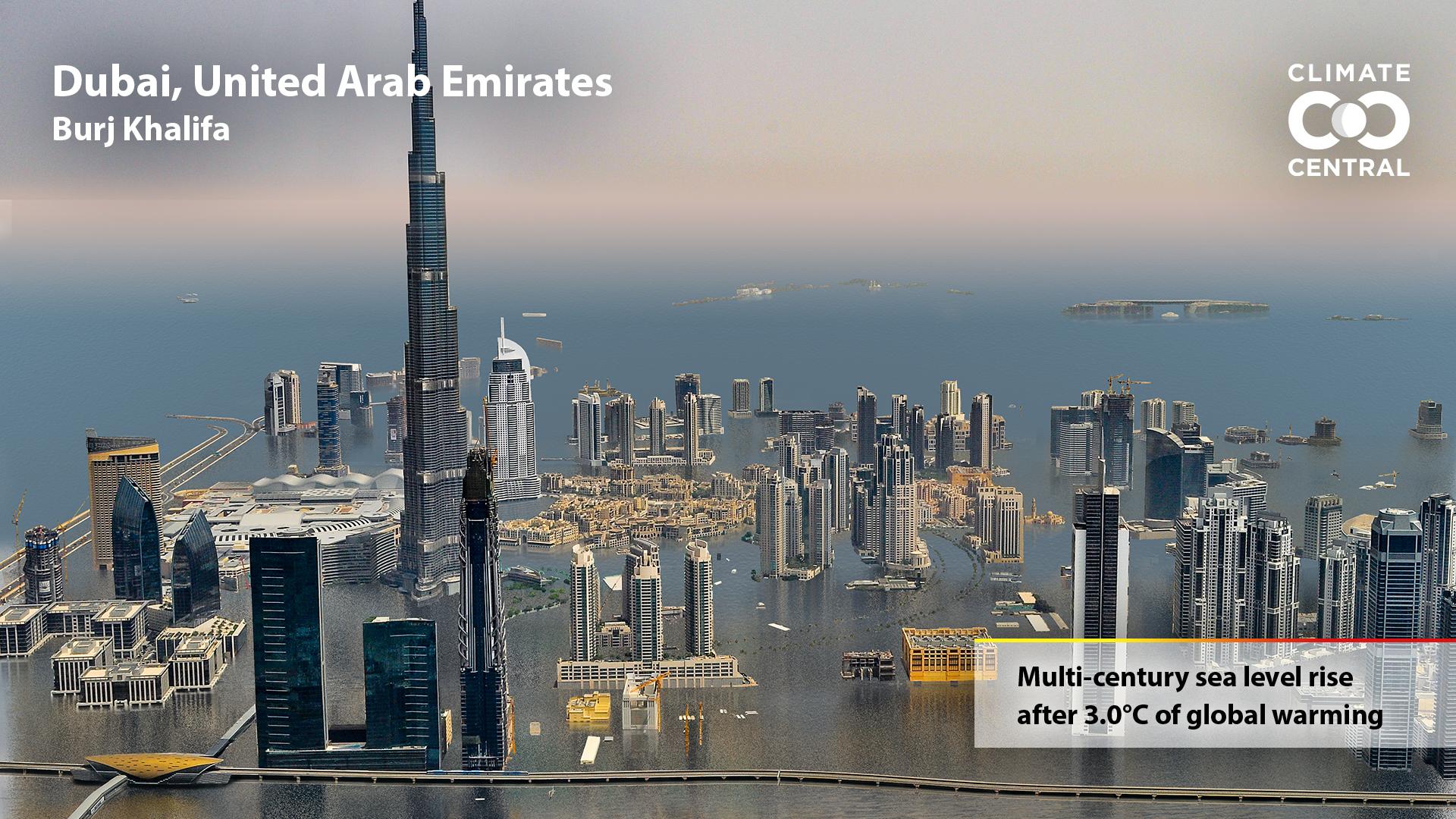 <p>A model of the Burj Khalifa in Dubai, United Arab Emirates impacted by rising sea levels after 3C of global warming.</p>