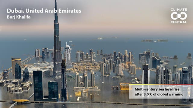 <p>A model of the Burj Khalifa in Dubai, United Arab Emirates impacted by rising sea levels after 3C of global warming.</p>