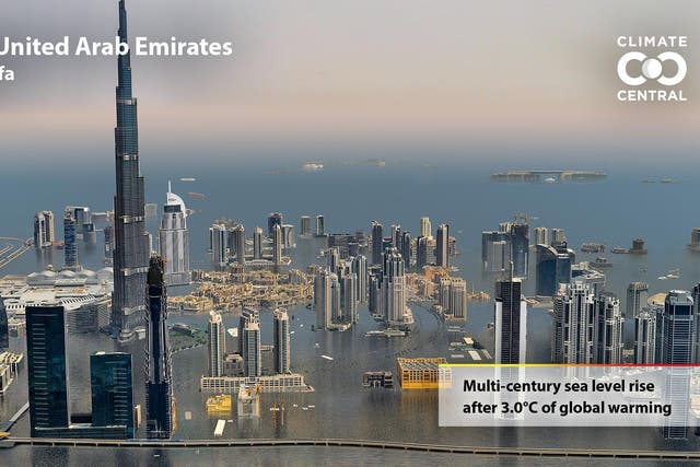 <p>A model of the Burj Khalifa in Dubai, United Arab Emirates impacted by rising sea levels after 3C of global warming.</p>