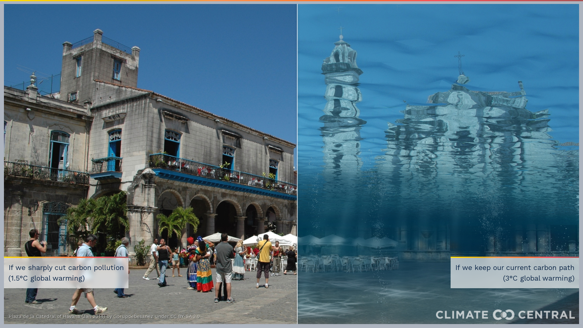 Water levels at the Plaza de la Catedral in Havana, Cuba if global warming hits 1.5C (left) or 3C (right).
