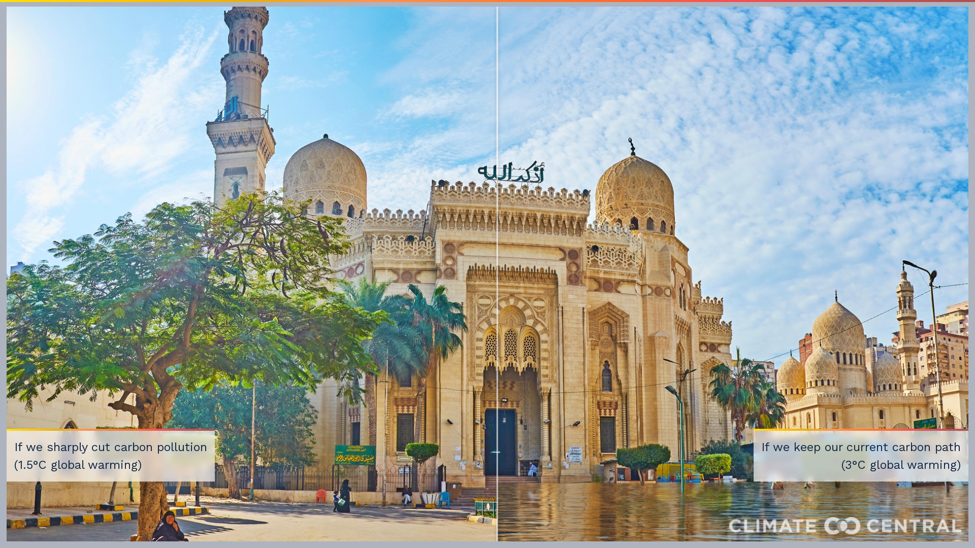 Water levels at the Abu Al-Abbas Al-Mursi Mosque in Alexandria, Egypt if global warming hits 1.5C (left) or 3C (right).