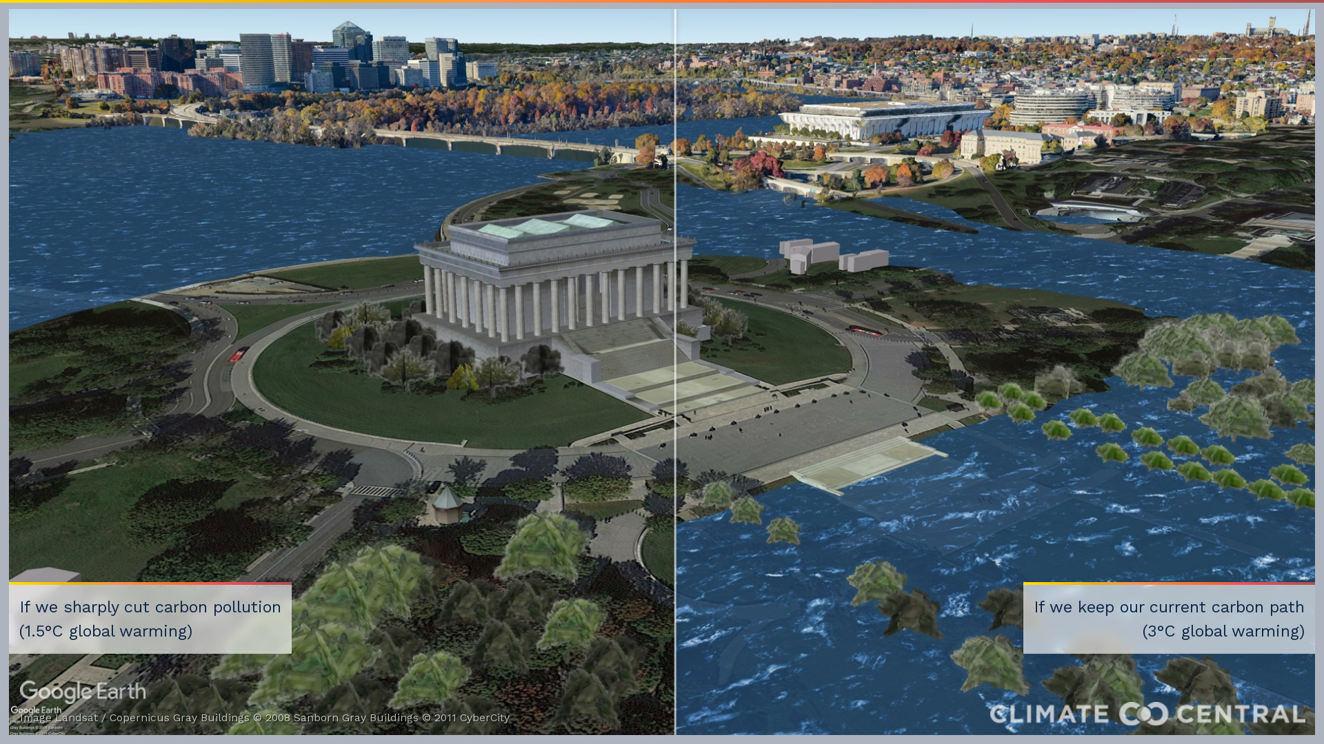 Water levels at the Lincoln Memorial in Washington, DC, USA if global warming hits 1.5C (left) or 3C (right).