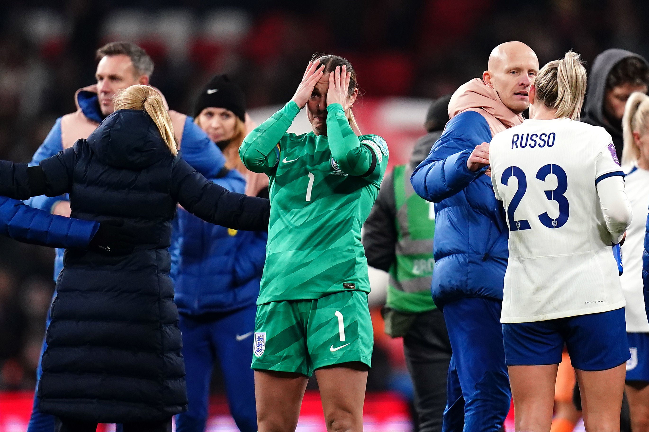 England look disappointed at the end of the match, with a fight for an Olympics place still on