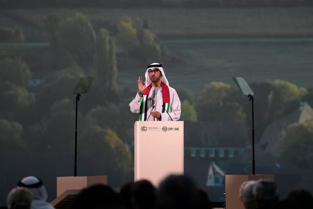 <p>Cop28 President Sultan al-Jaber speaks during a session at the COP28 U.N. Climate Summit, Saturday, Dec. 2, 2023, in Dubai, United Arab Emirates</p>