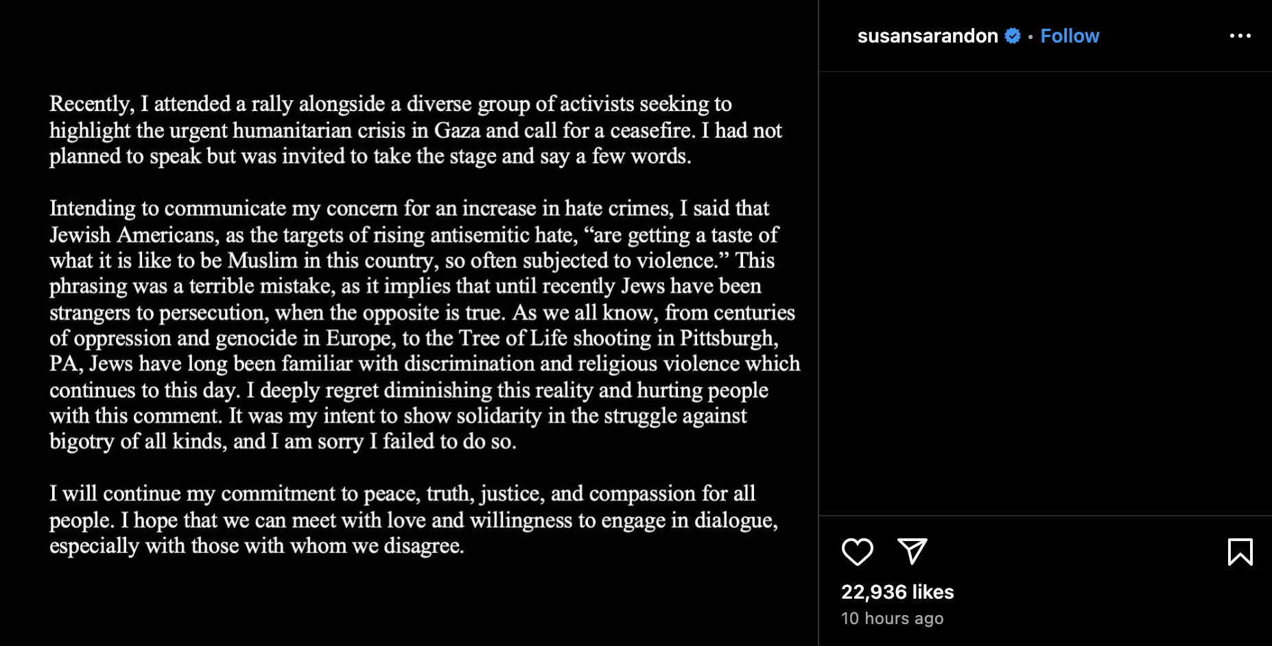 Susan Sarandon apologises for ‘terrible phrasing’ during pro-Palestine speech