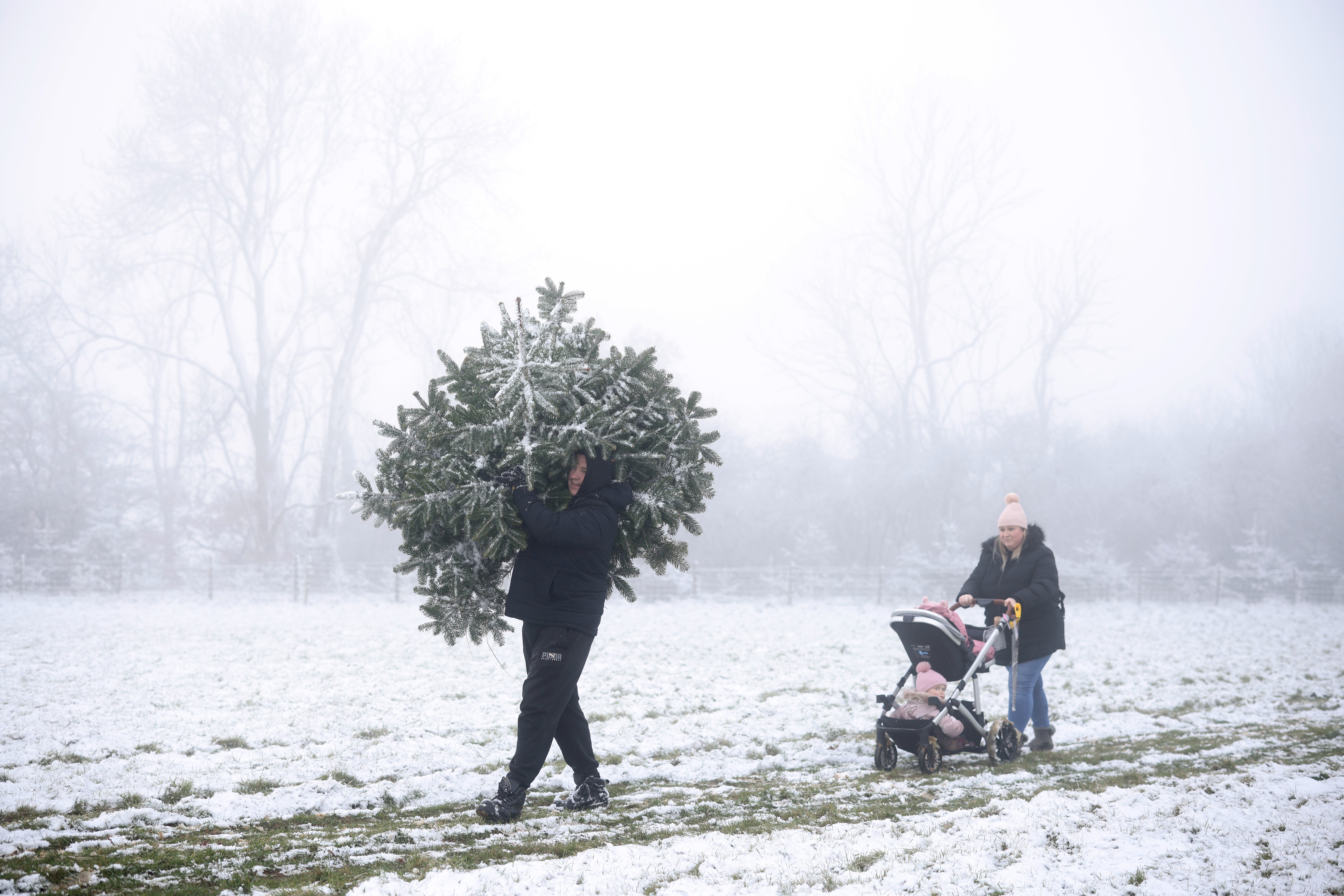 A man carries a Christmas tree with a snow covered field with his family at Mill Farm