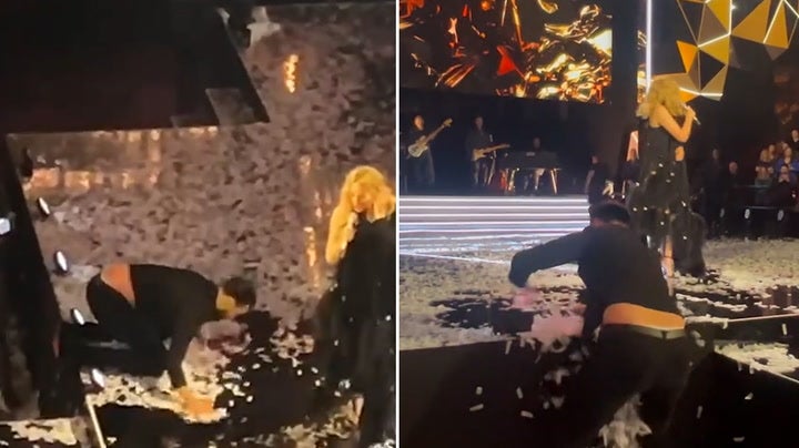 <p>Rylan Clark clambers onto stage during Kylie Minogue’s live Royal Albert Hall show.</p>