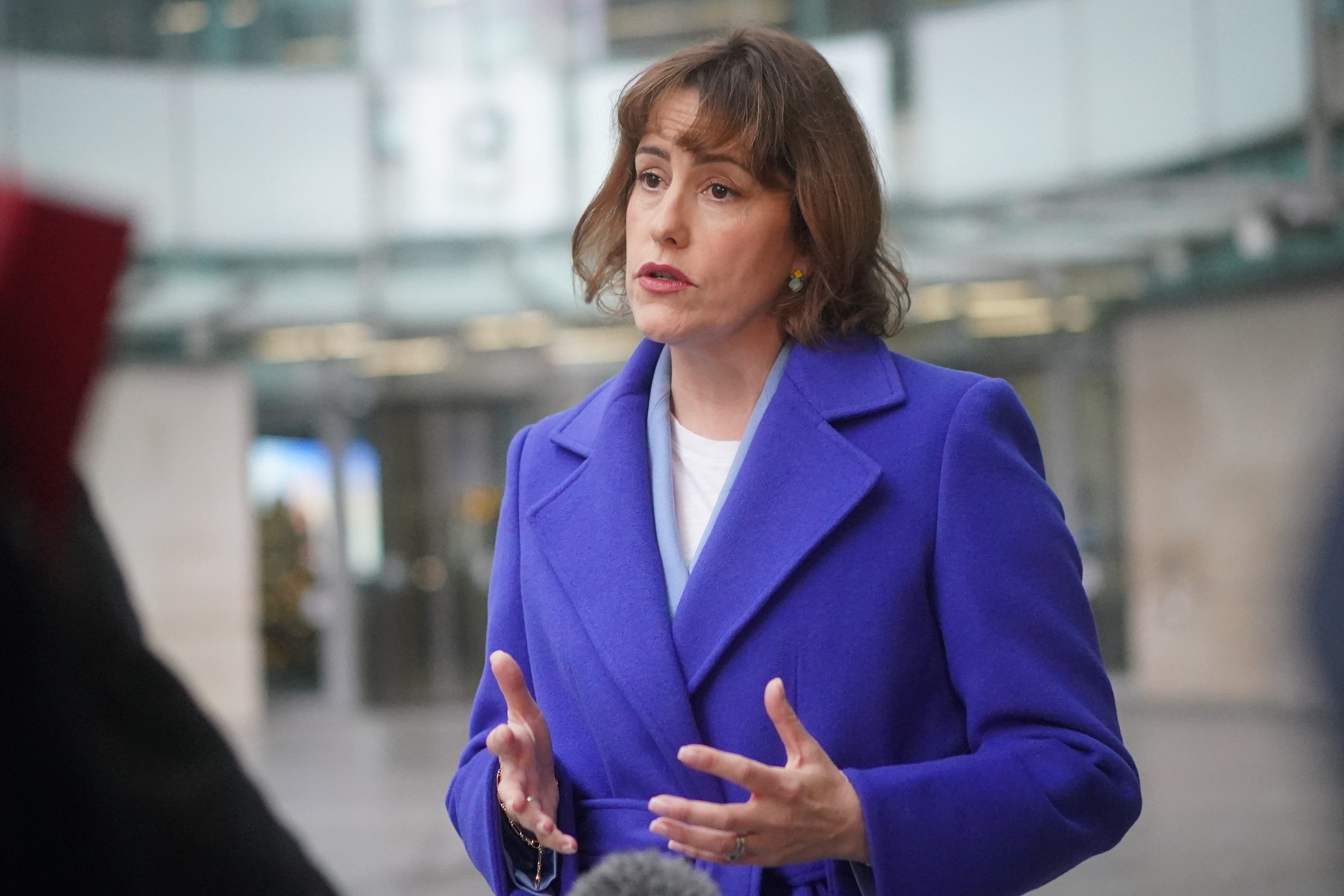 Health secretary Victoria Atkins talks to the media outside the BBC’s Broadcasting House in London