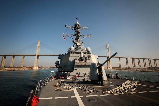 <p>US Navy destroyer USS ‘Carney’ is seen on an earlier mission, cruising through the Suez Canal</p>