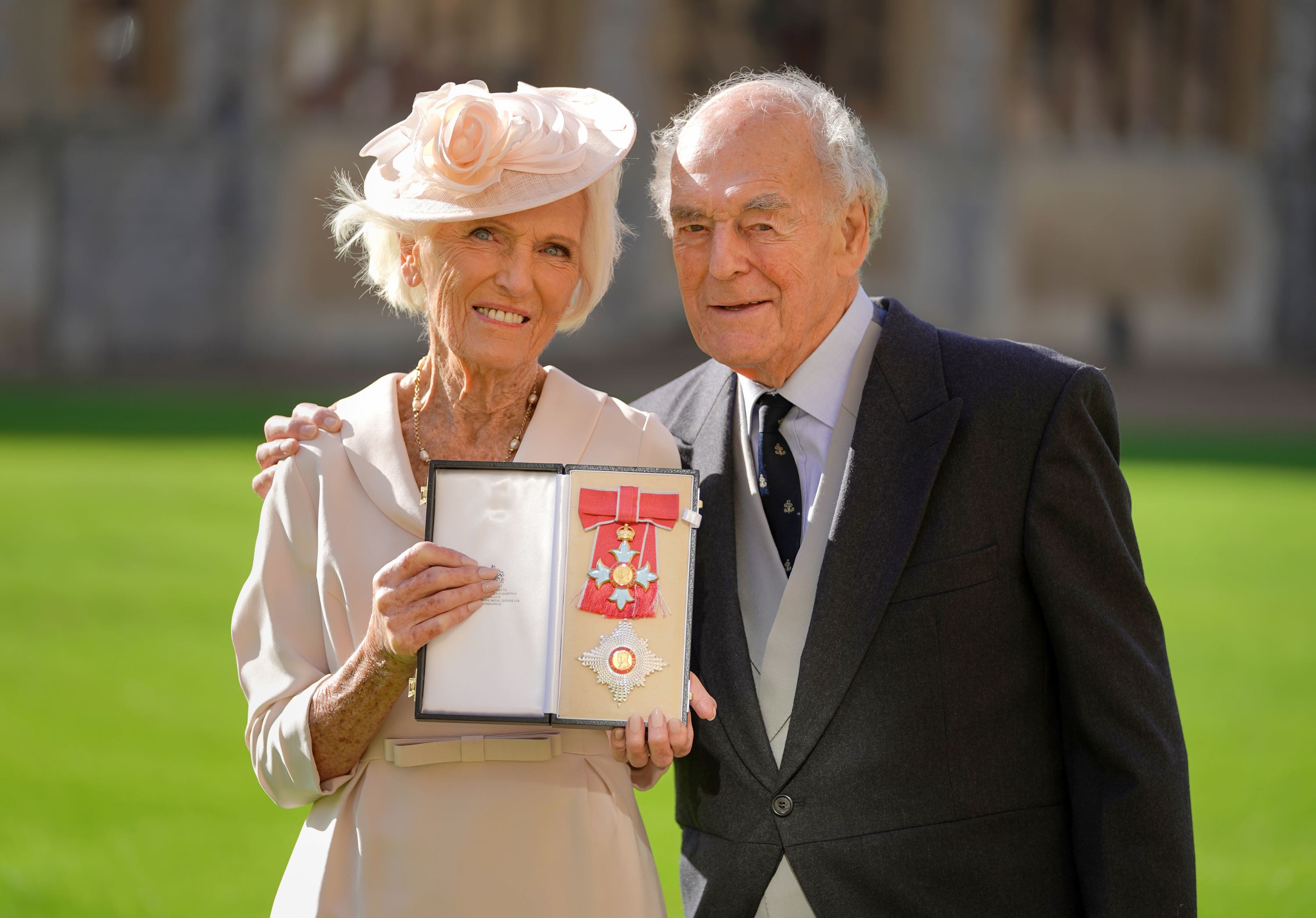 Mary Berry, with husband Paul Hunnings, after being made a Dame Commander by the then Prince of Wales