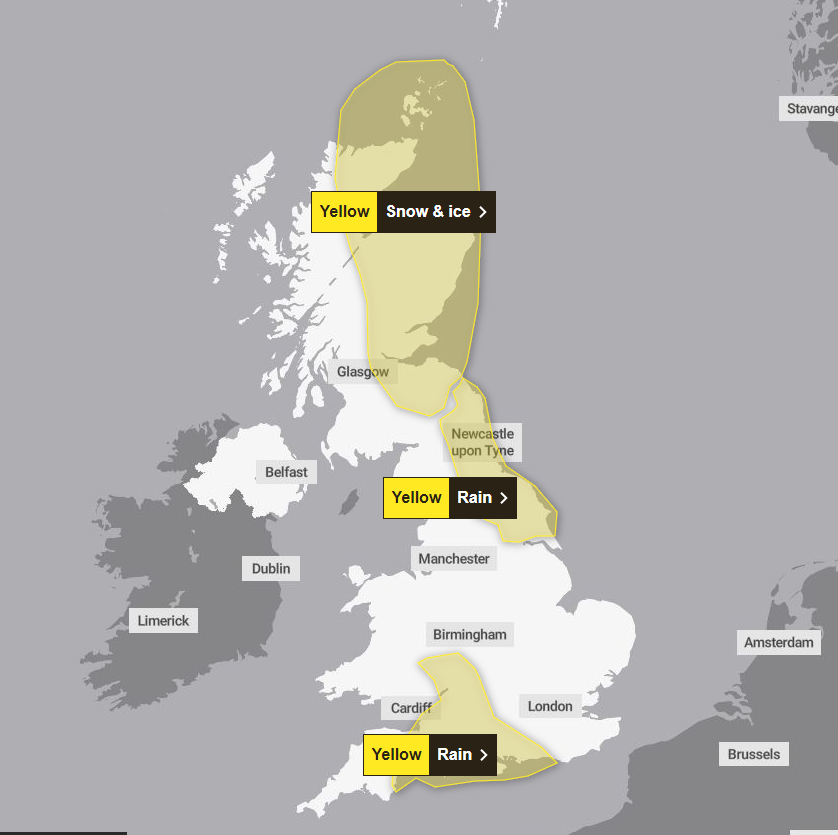 Yellow weather warnings remain in place across north-east Scotland and England