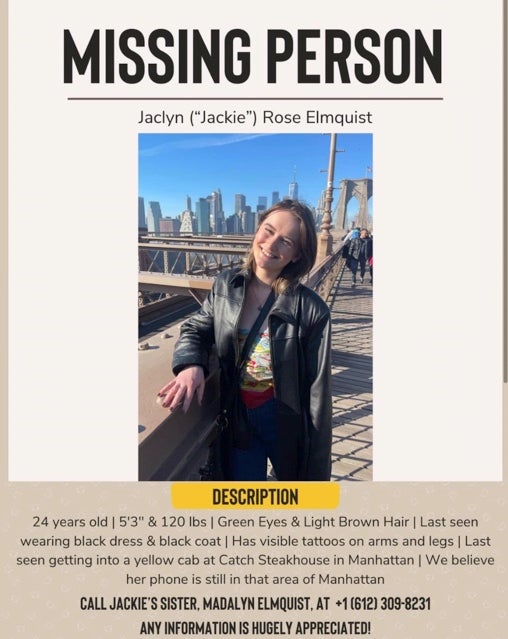 Jaclyn Elmquist’s family shared this missing poster online as they searched for the 24-year-old