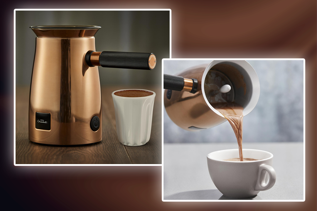 The gadget heats and whisks the milk and chocolate together, to create a silky-smooth mixture and frothy top