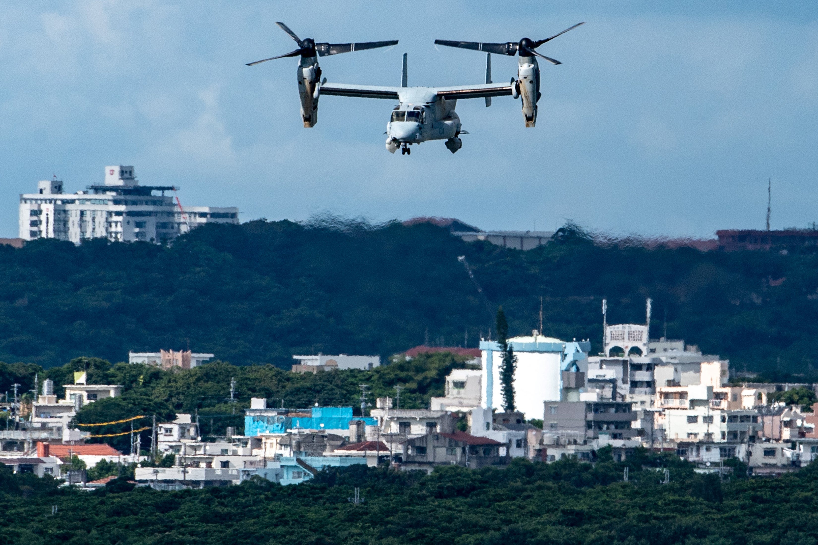 A US military Osprey aircraft at the US Marine Corps Air Station Futenma in the centre of the city of Ginowan, Okinawa prefecture