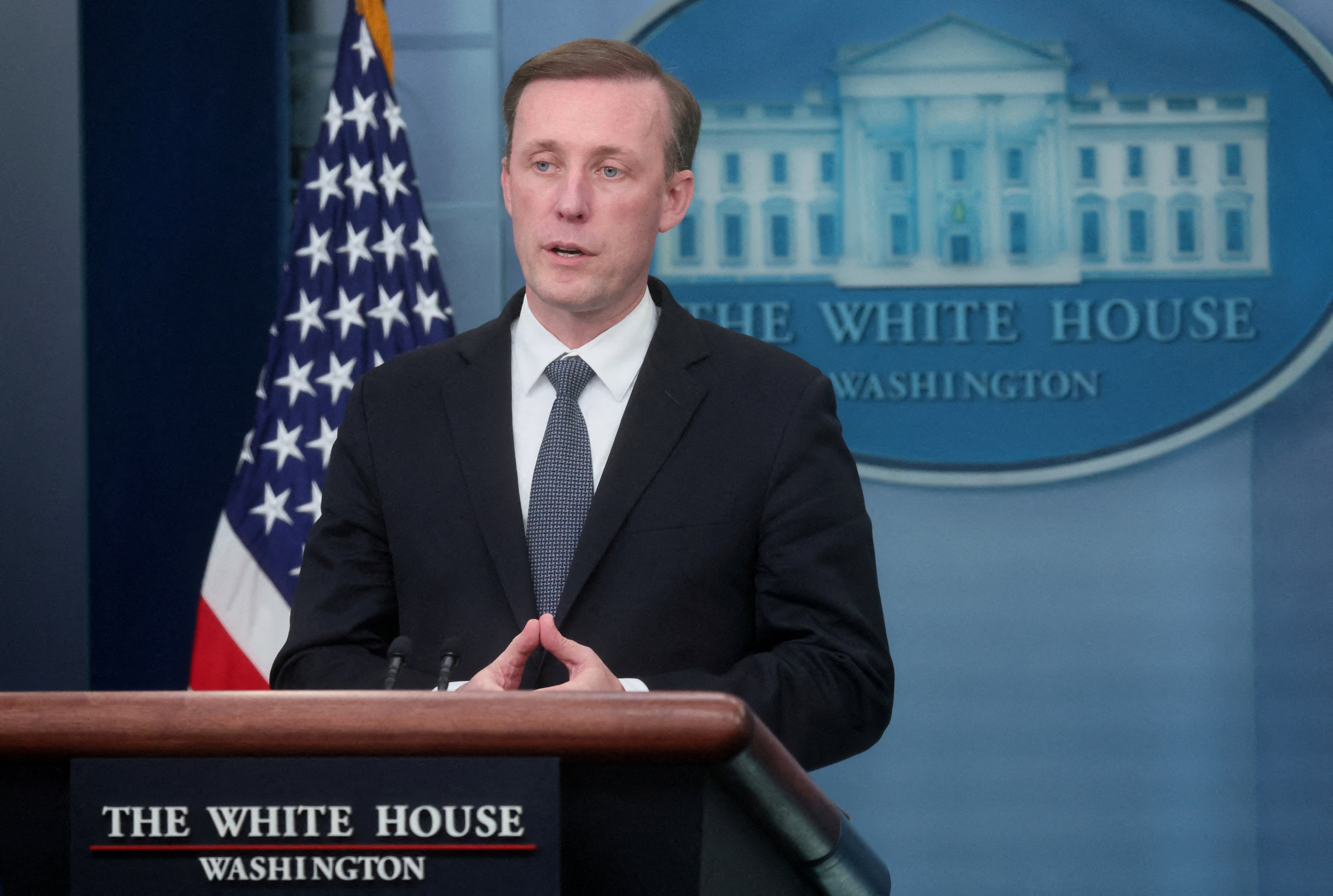 <p>FILE PHOTO: U.S. National Security Adviser Jake Sullivan speaks during a press briefing held by White House Press Secretary Karine Jean-Pierre at the White House in Washington, U.S., November 13, 2023. REUTERS/Leah Millis/File Photo</p>