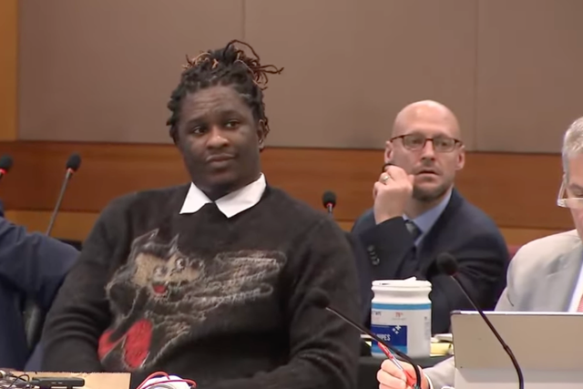 <p>Young Thug in court on Monday, 4 December, wearing a sweater with a wolf design.</p>