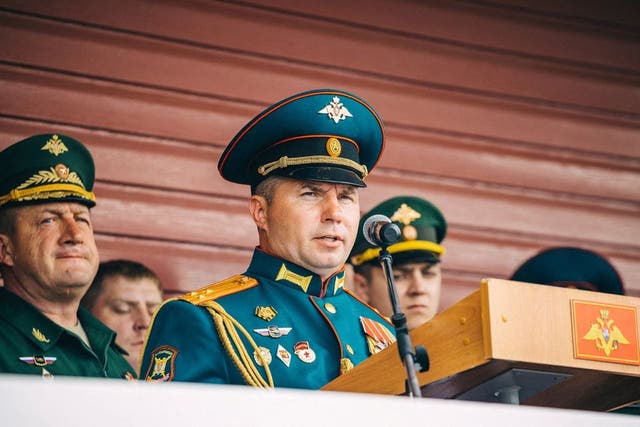 <p>Commander of Russia’s Kantemirovskaya Tank Division Vladimir Zavadsky delivers a speech during a ceremony marking the anniversary of the unit’s foundation in Naro-Fominsk in the Moscow region</p>