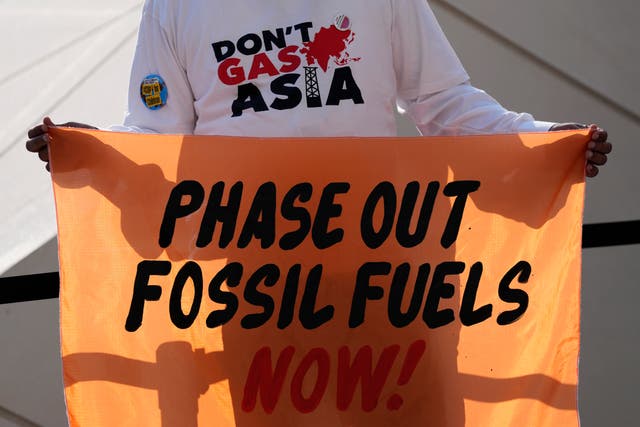 <p>A person holds a sign reading ‘phase out fossil fuels now!’ during a demonstration at Cop28 summit in Dubai </p>