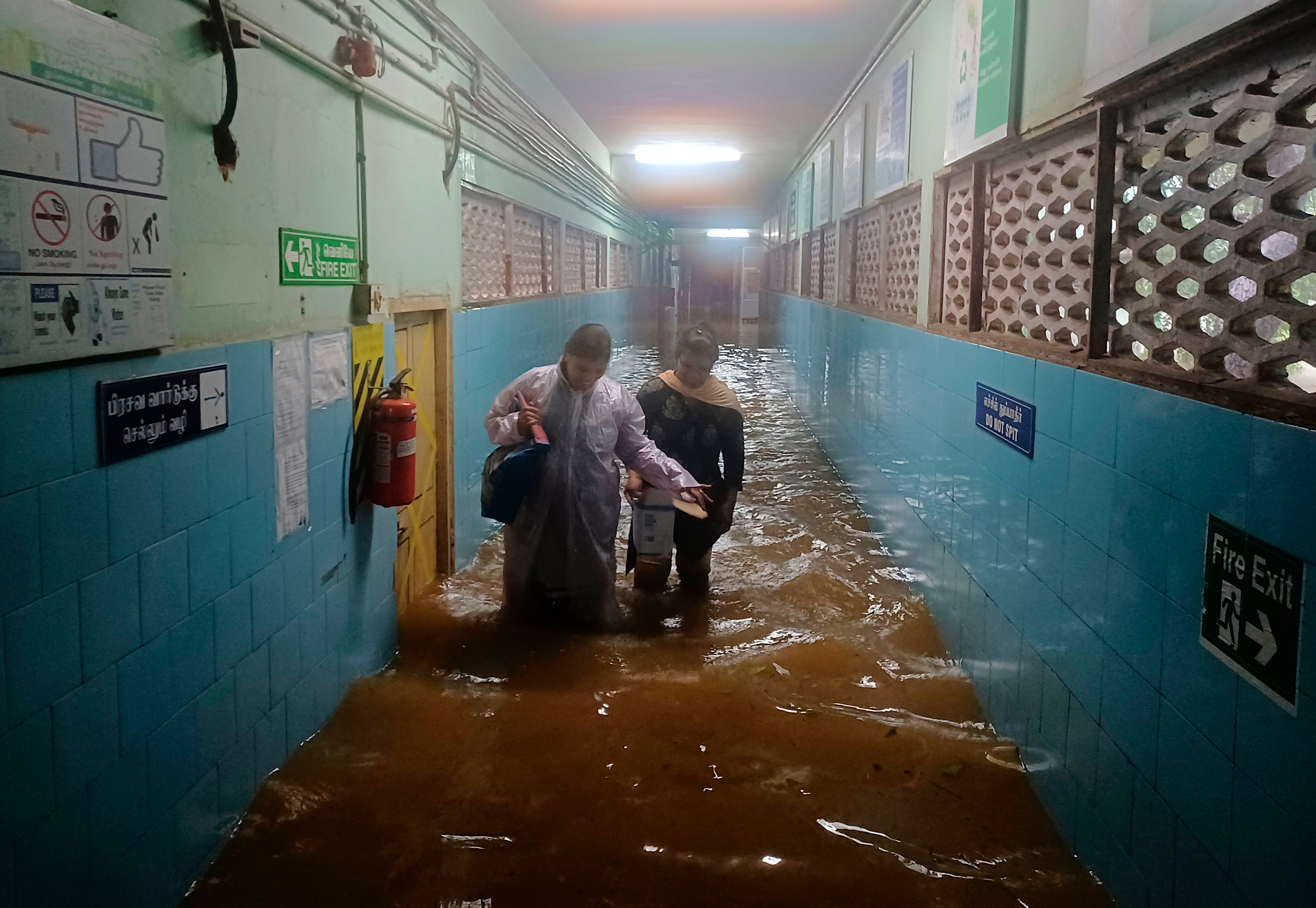 The Tambaram Government Hospital is flooded following heavy rains along the Bay of Bengal coast in Chennai
