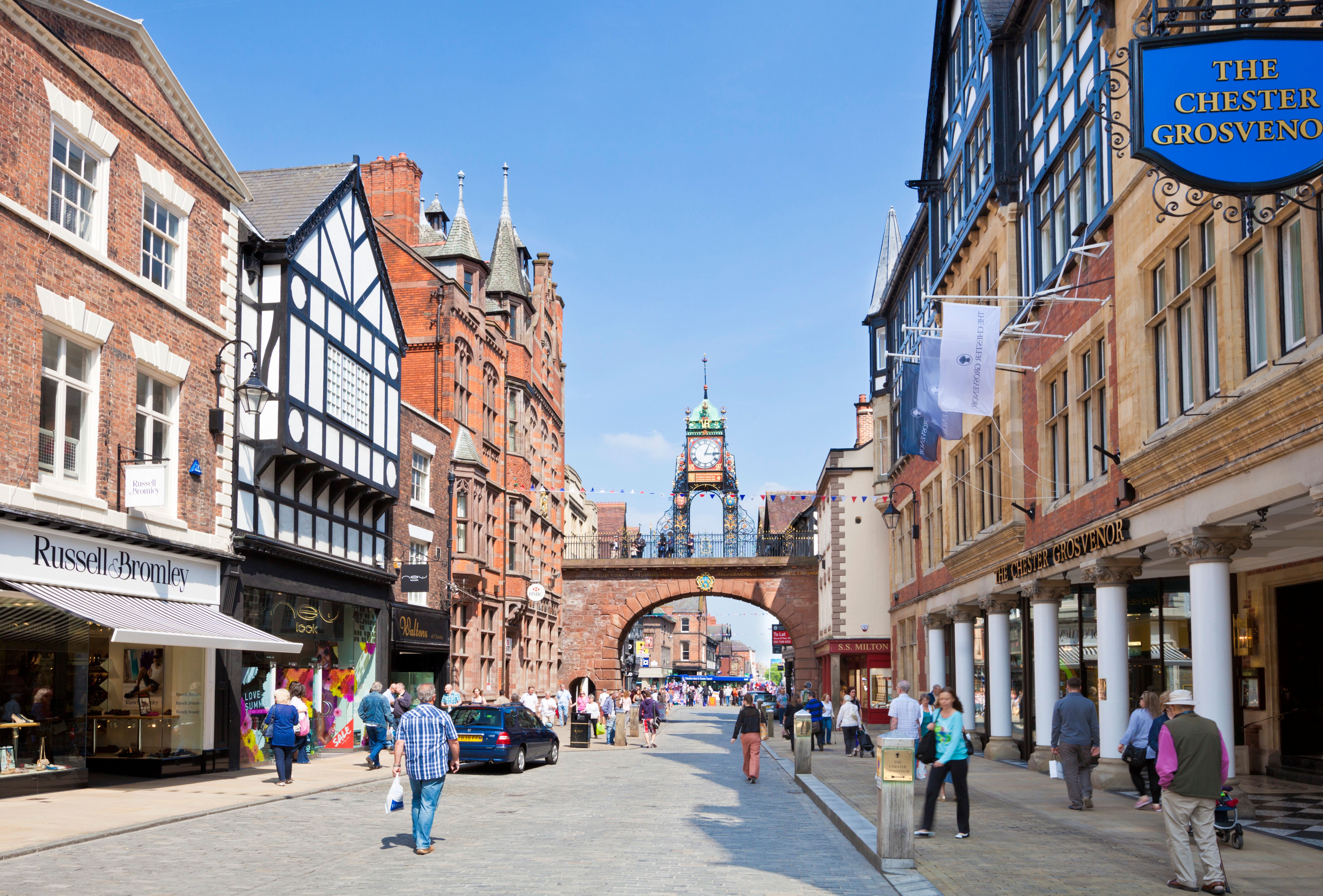 Chester rows, city centre shops and the Eastgate Clock, one of the city’s historical landmarks