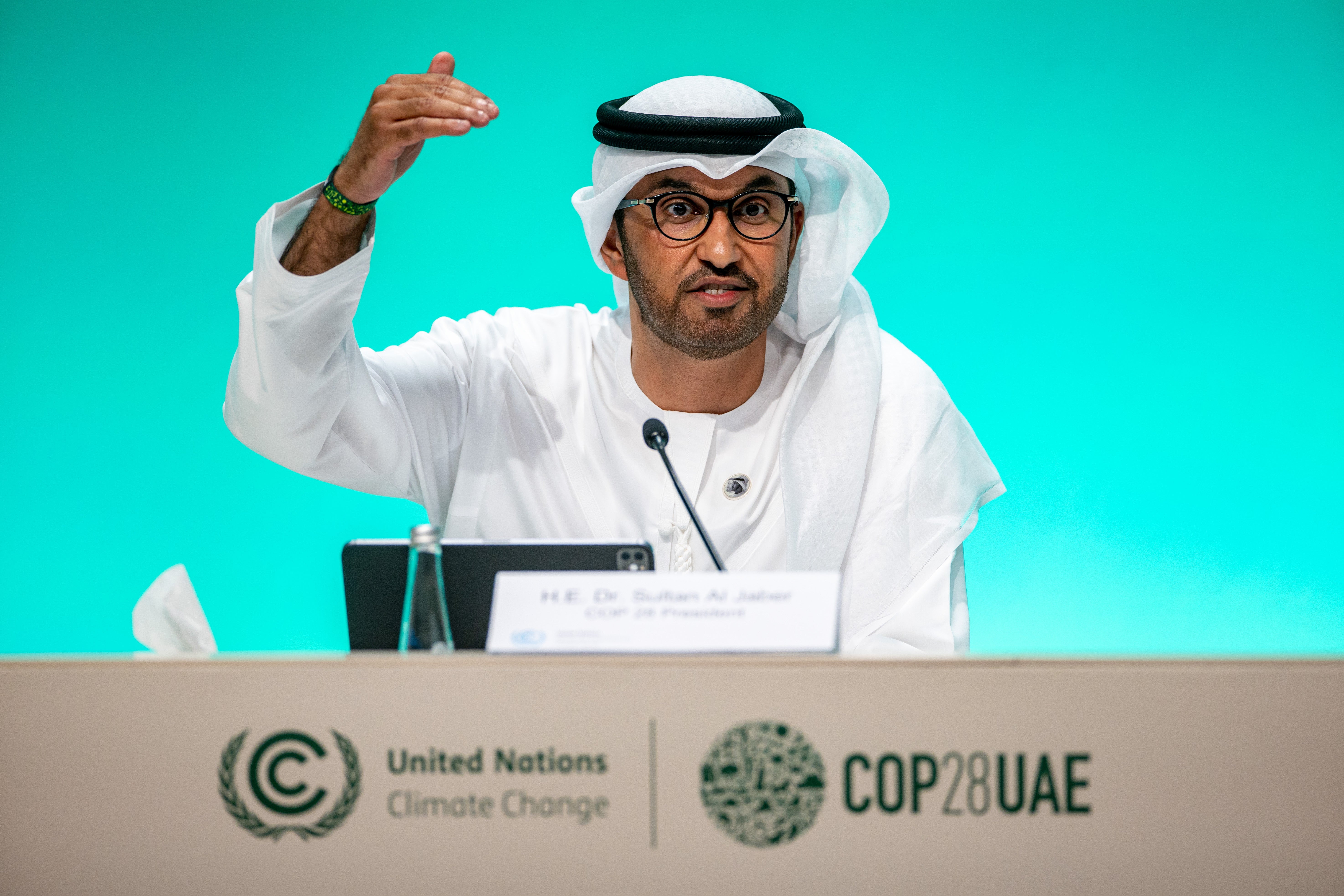 Sultan al-Jaber, Cop28 host and oil company chief, speaks at the climate summit in Dubai