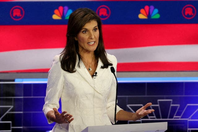 <p>Former South Carolina Governor Nikki Haley speaks at the third Republican candidates’ US presidential debate of the 2024 </p>