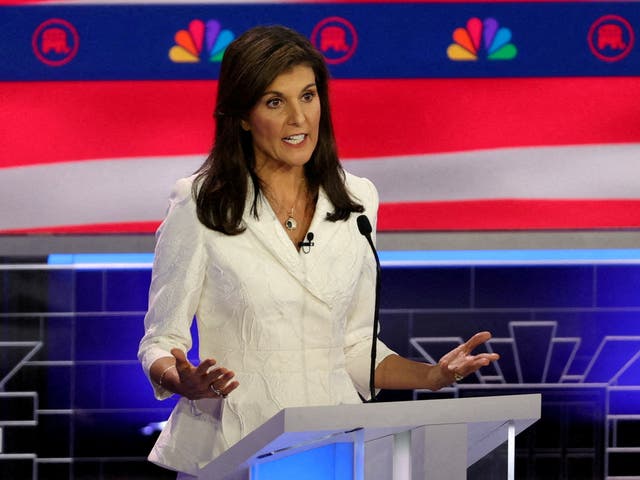 <p>Former South Carolina Governor Nikki Haley speaks at the third Republican candidates’ US presidential debate of the 2024 </p>