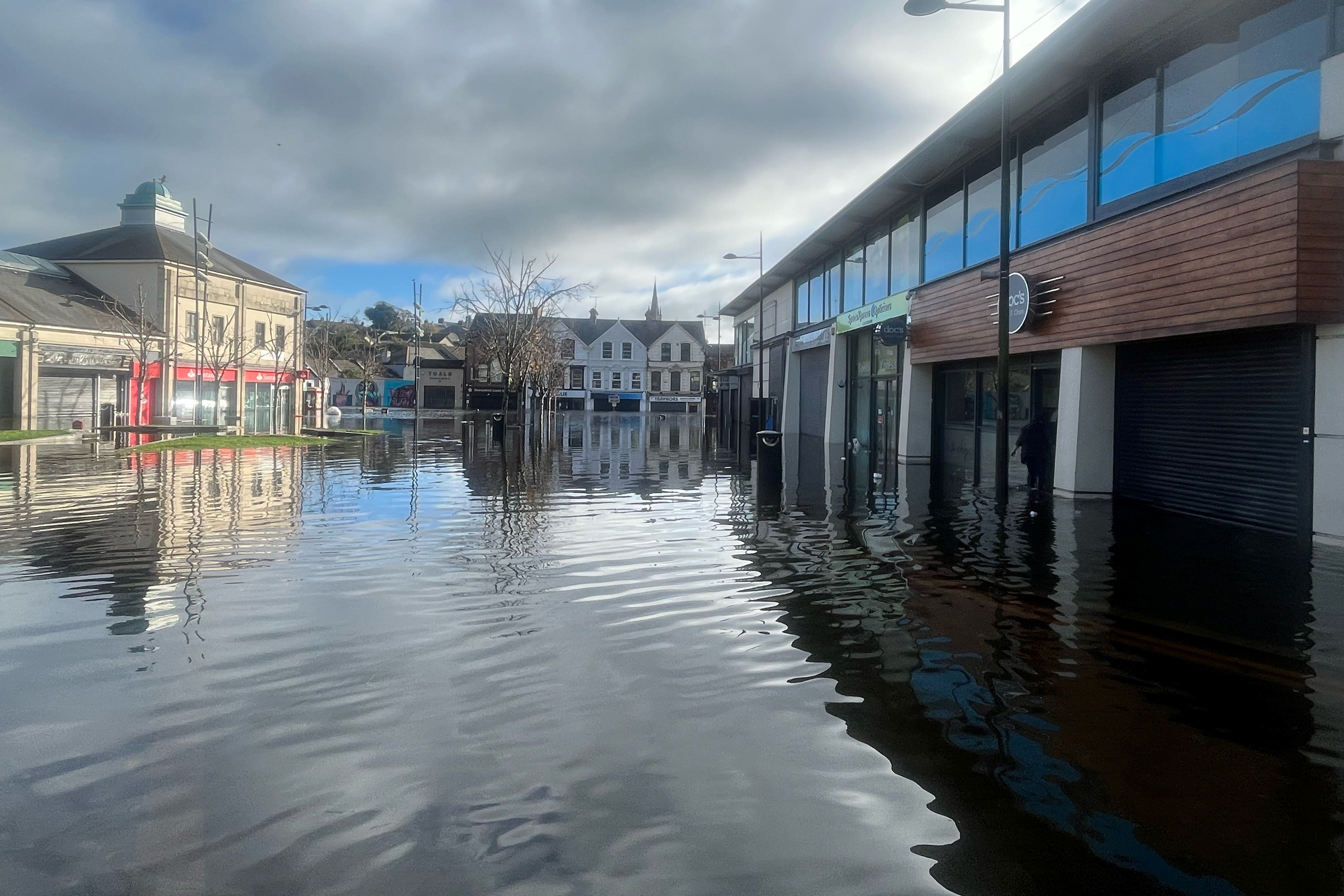 Flooding in the streets of Downpatrick (Claudia Savage/PA)