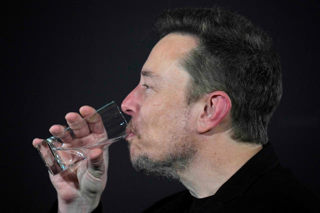 <p>X (formerly Twitter) CEO Elon Musk drinks a glass of water during an in-conversation event with Britain’s Prime Minister Rishi Sunak in London on November 2, 2023, following the UK Artificial Intelligence (AI) Safety Summit</p>