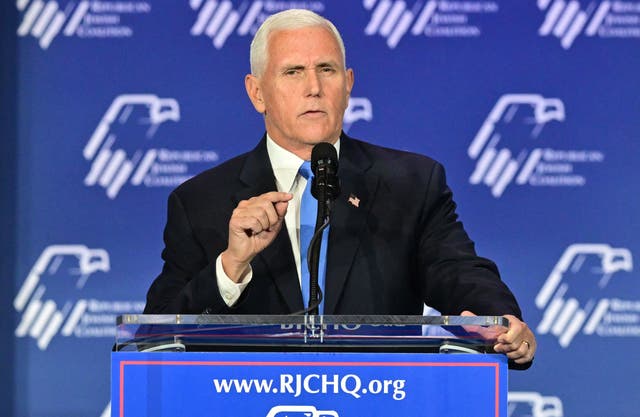 <p>Former US vice president and Republican presidential candidate Mike Pence addresses the Republican Jewish Coalition (RJC) Annual Leadership Summmit on October 28, 2023 at the Venetian Conference Center in Las Vegas, Nevada</p>