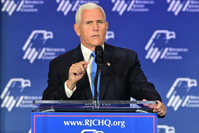<p>Former US vice president and Republican presidential candidate Mike Pence addresses the Republican Jewish Coalition (RJC) Annual Leadership Summmit on October 28, 2023 at the Venetian Conference Center in Las Vegas, Nevada</p>