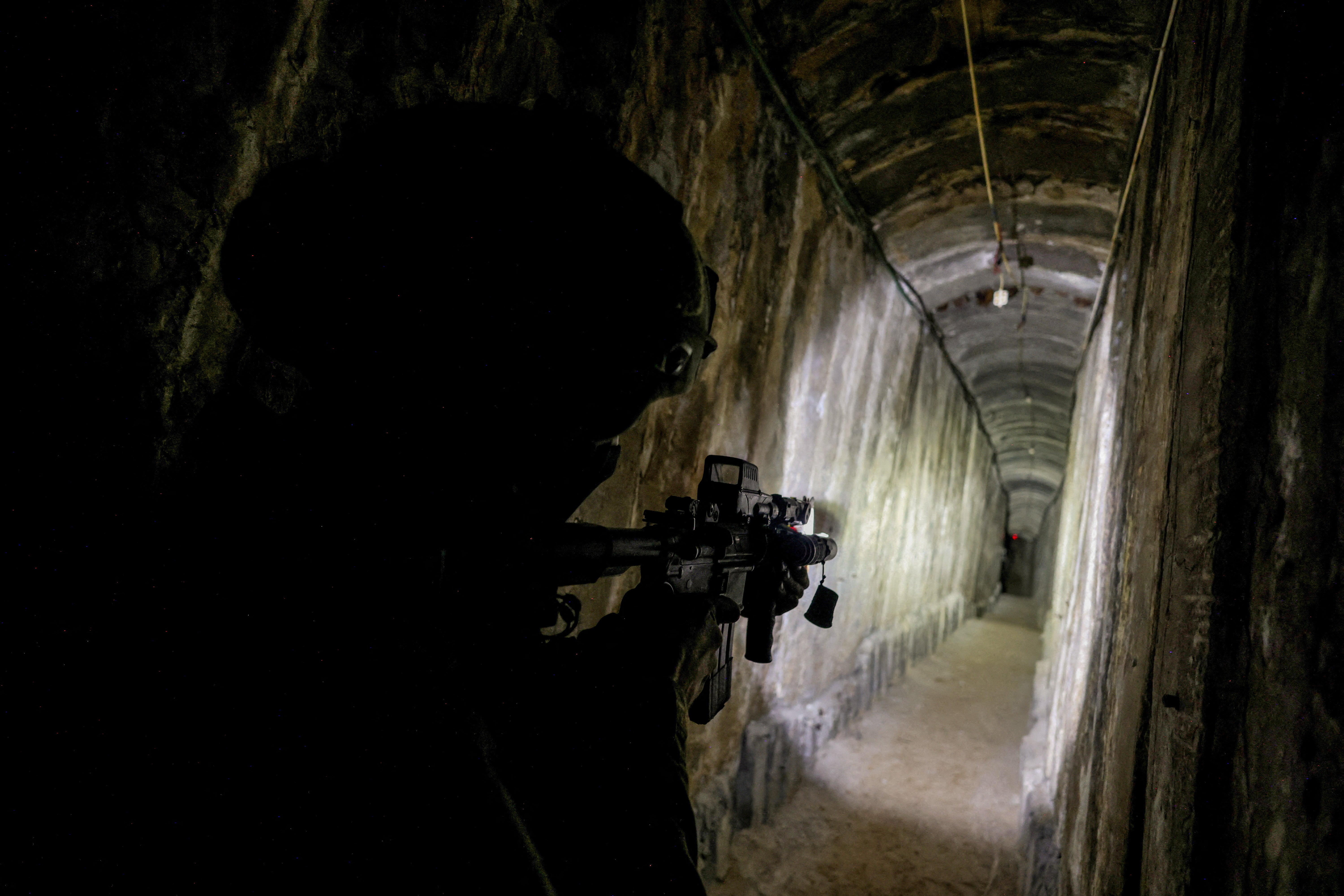 An Israeli soldier secures a tunnel underneath Al Shifa Hospital in Gaza City