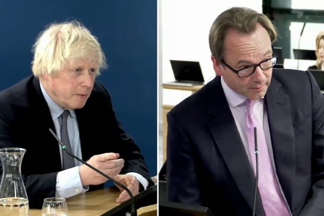 <p>Boris Johnson and Hugo Keith at the Covid Inquiry </p>