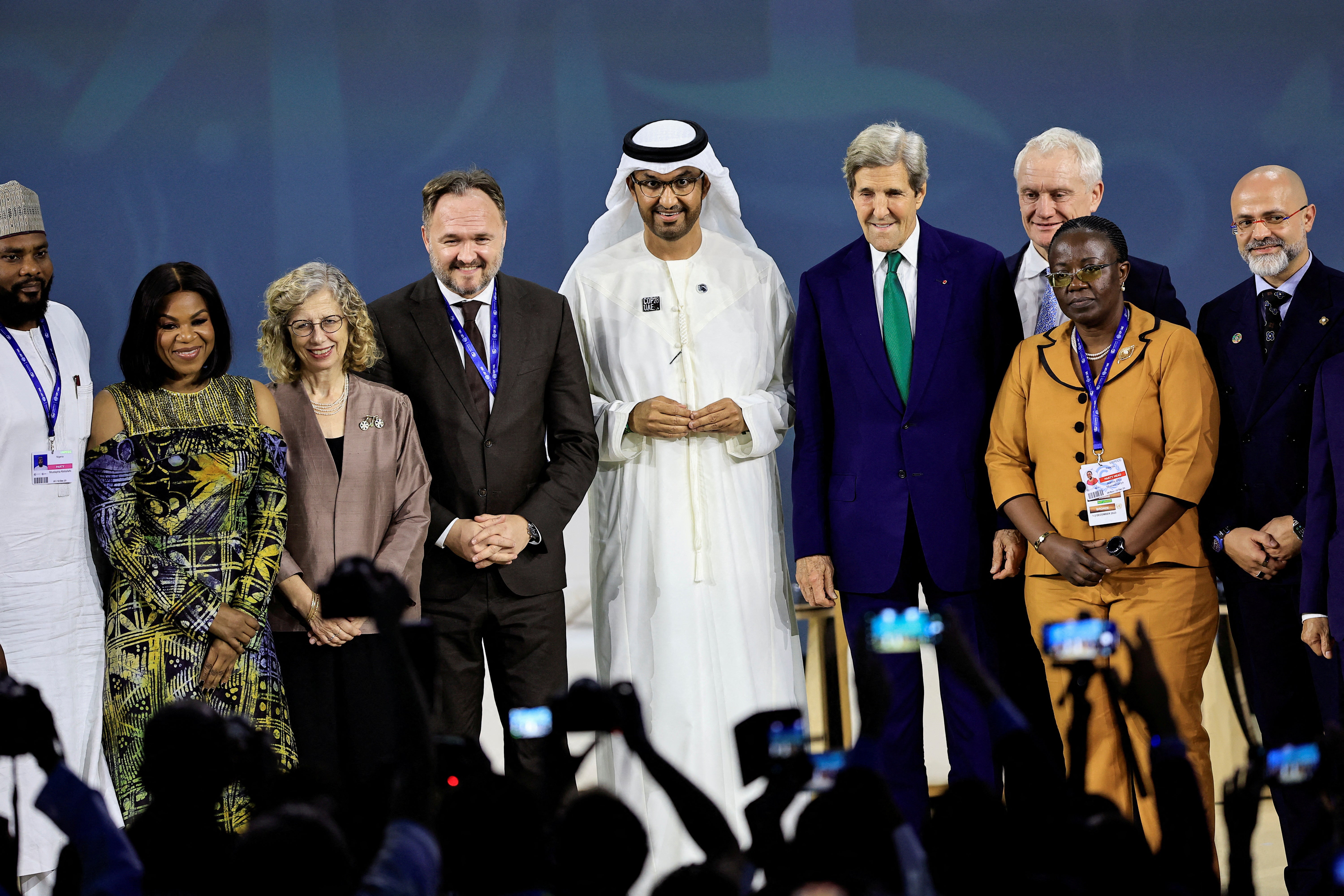 Cop28 president Sultan Ahmed al-Jaber and US climate envoy John Kerry join other officials at the Global Cooling Pledge on Tuesday