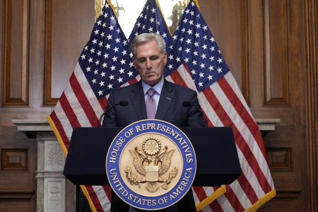 <p>Rep Kevin McCarthy, R-Calif., speaks to reporters hours after he was ousted as Speaker of the House, Tuesday, Oct. 3, 2023, at the Capitol in Washington</p>