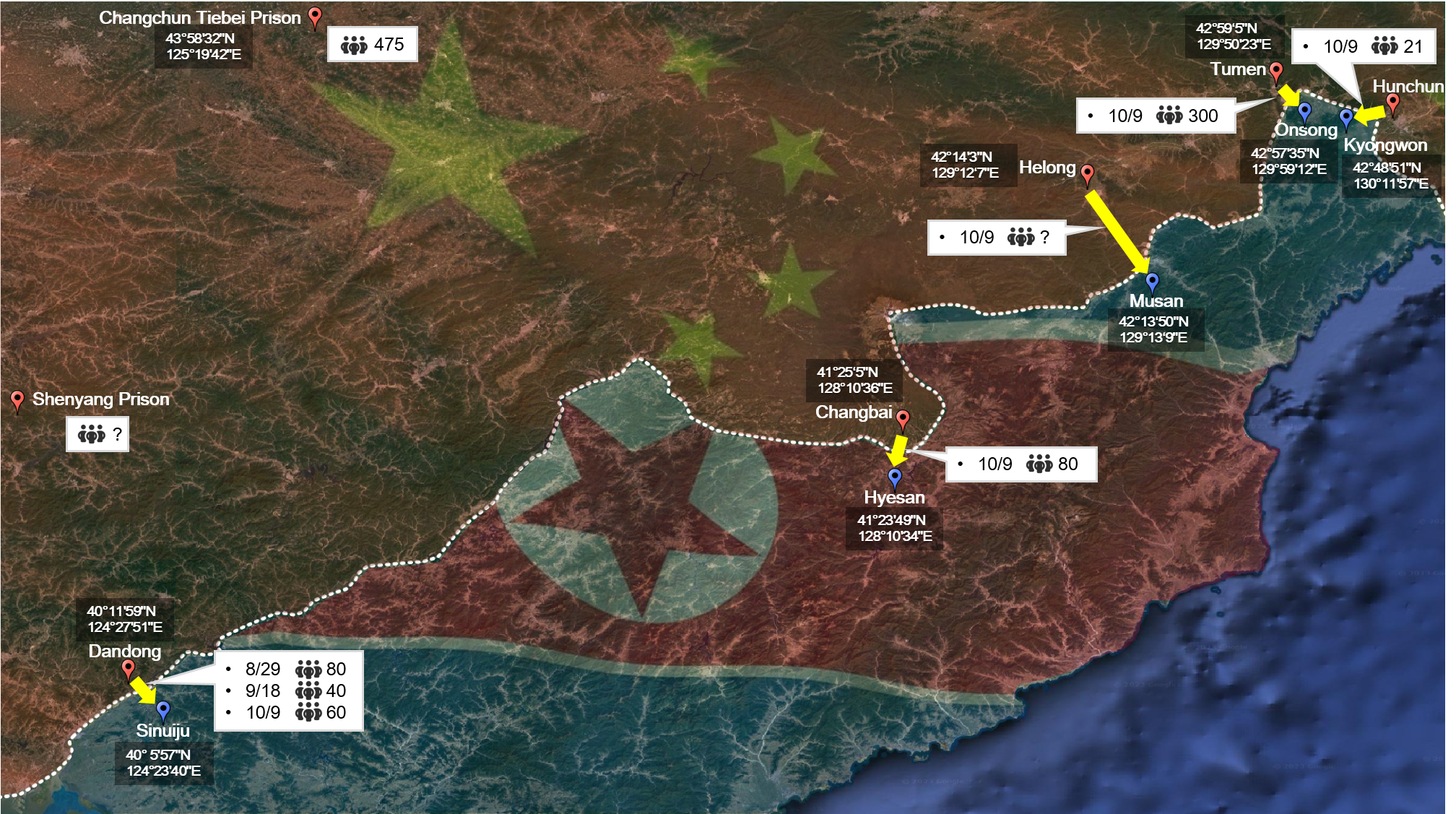 View of border crossing between China and North Korea being used to forcibly deport detainees