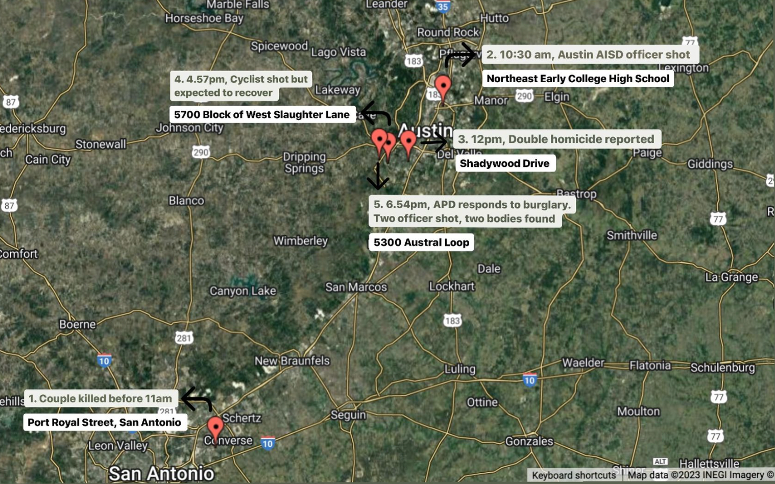 A map of the attacks in San Antonio and Austin on Tuesday