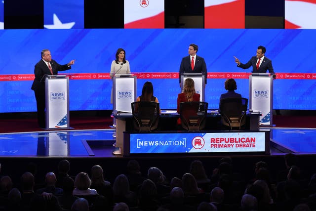 <p>Republican presidential candidates (L-R) former New Jersey Gov. Chris Christie, former U.N. Ambassador Nikki Haley, Florida Gov. Ron DeSantis and Vivek Ramaswamy participate in the NewsNation Republican Presidential Primary Debate at the University of Alabama Moody Music Hall on December 6, 2023 in Tuscaloosa, Alabama</p>