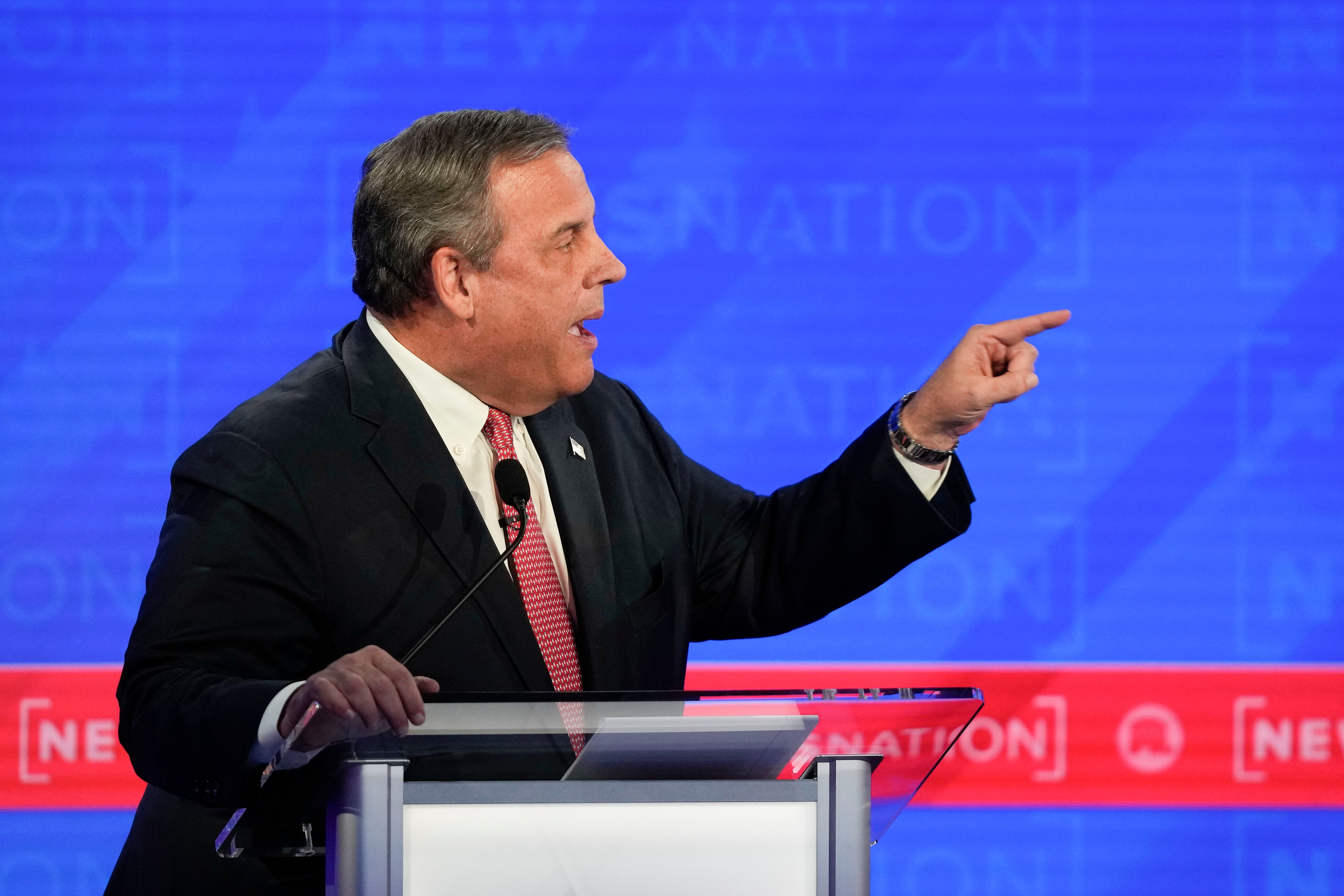 Republican presidential candidate former New Jersey Gov. Chris Christie, gesturing towards businessman Vivek Ramaswamy during the Republican presidential primary debate