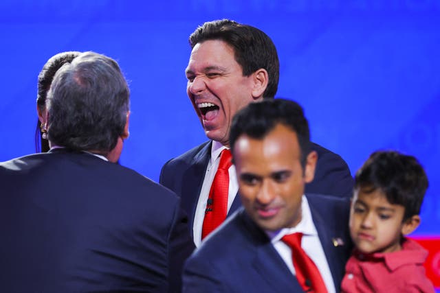<p>Republican presidential candidate Florida Governor Ron DeSantis on stage during the debate in Tuscaloosa, Alabama</p>