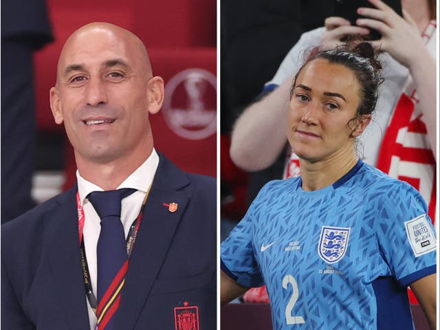 <p>Luis Rubiales and England defender Lucy Bronze </p>