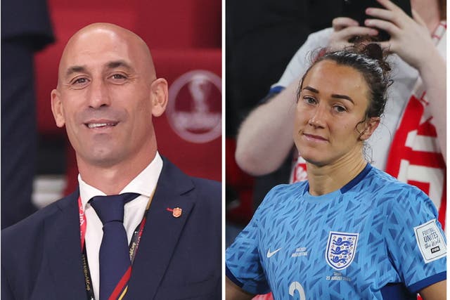 <p>Luis Rubiales and England defender Lucy Bronze </p>