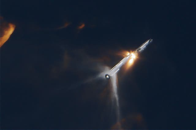 <p>SpaceX’s Starship rocket performs a hot stage separation during a flight test on 18 November, 2023</p>