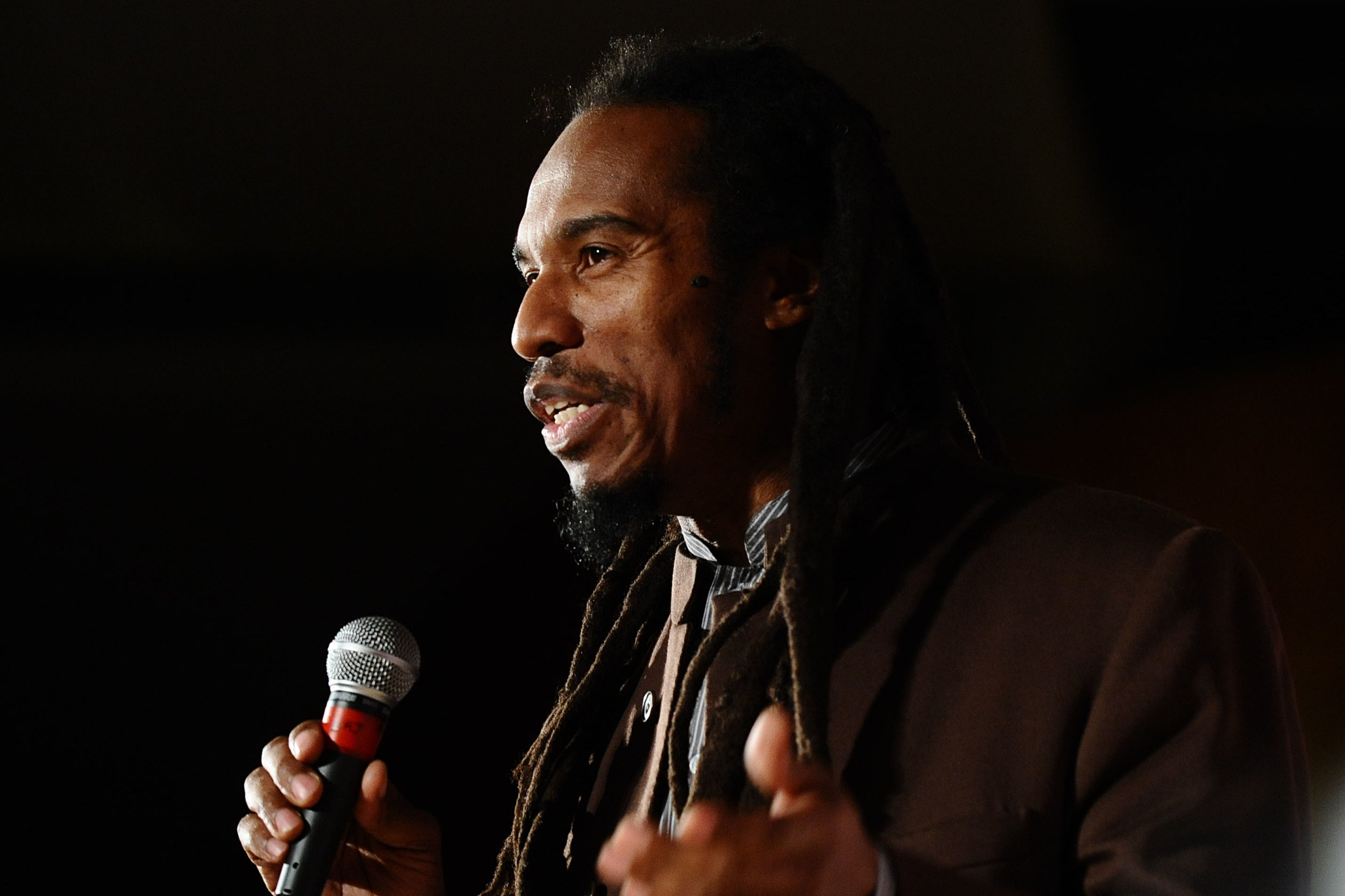 Benjamin Zephaniah speaks at the Concert For Haiti, sponsored by the TUC, at Congress House in London