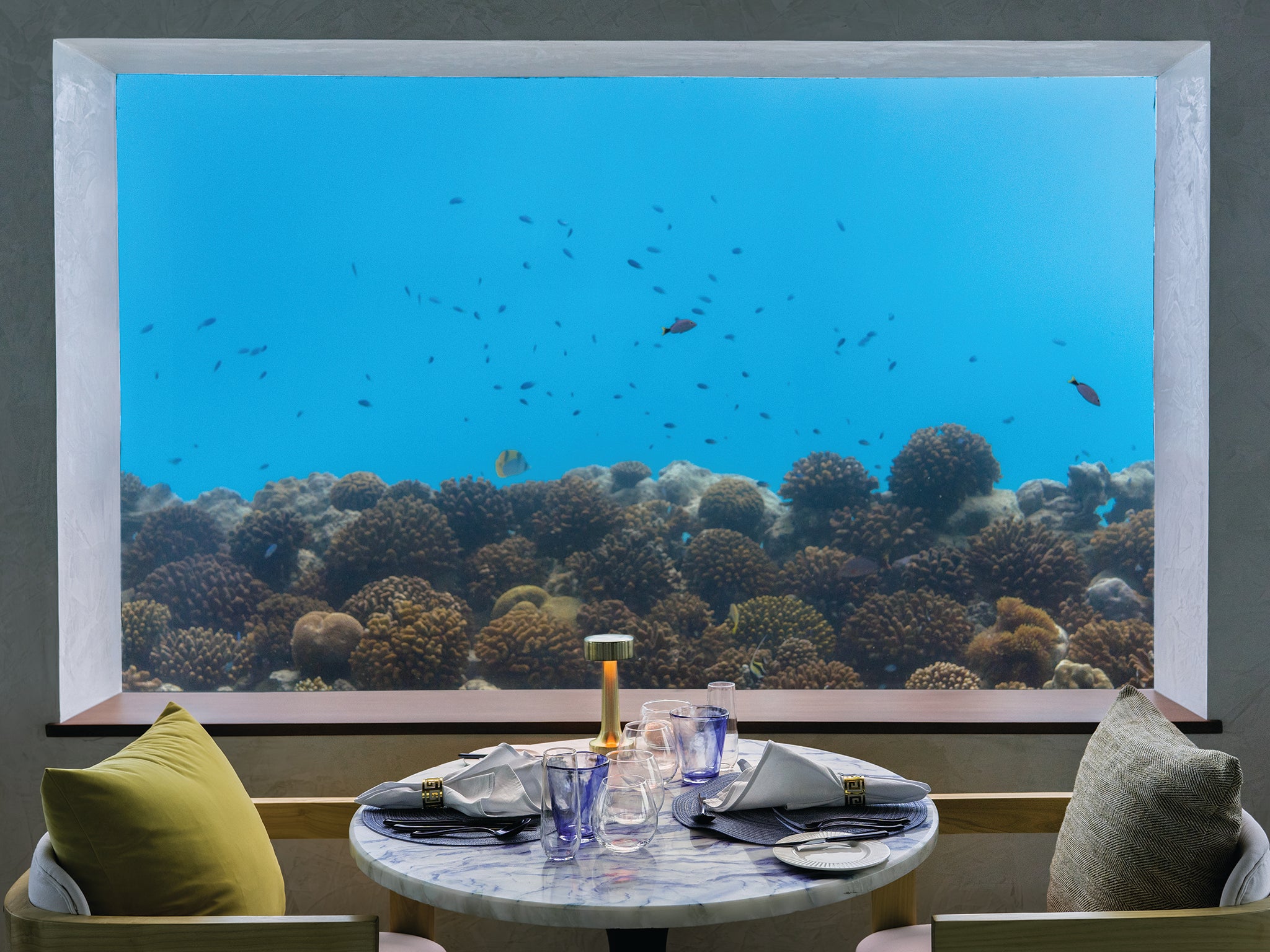 The resort’s underwater restaurant is the perfect place for shark spotting
